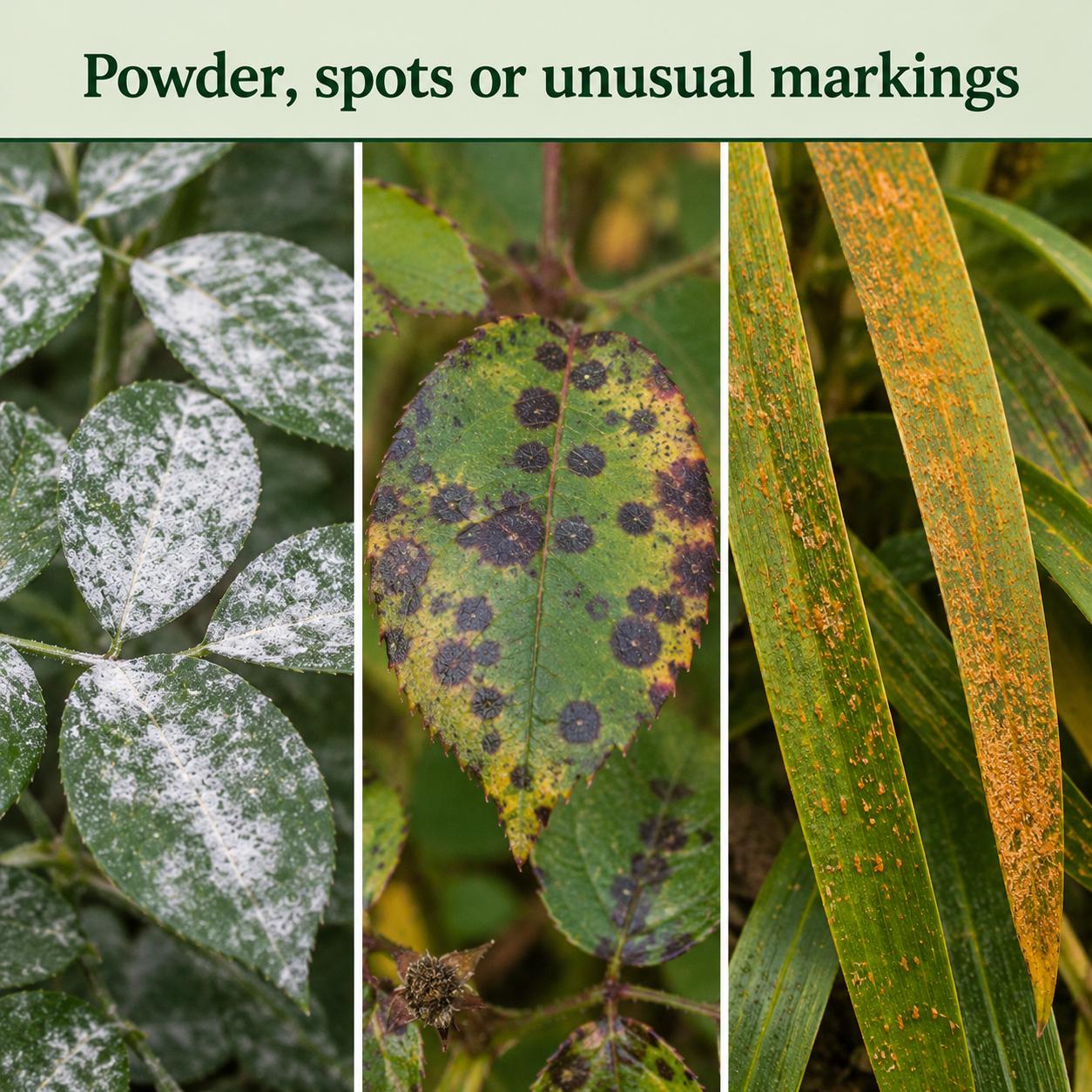 Powder, spots and unusual markings on plant leaves