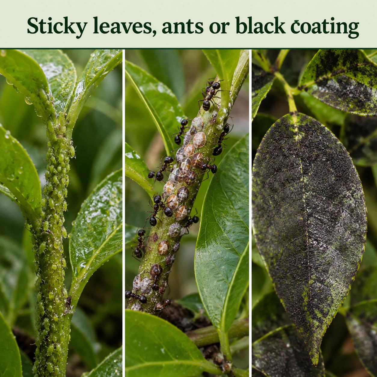 Sticky leaves, ants and black coating on a plant
