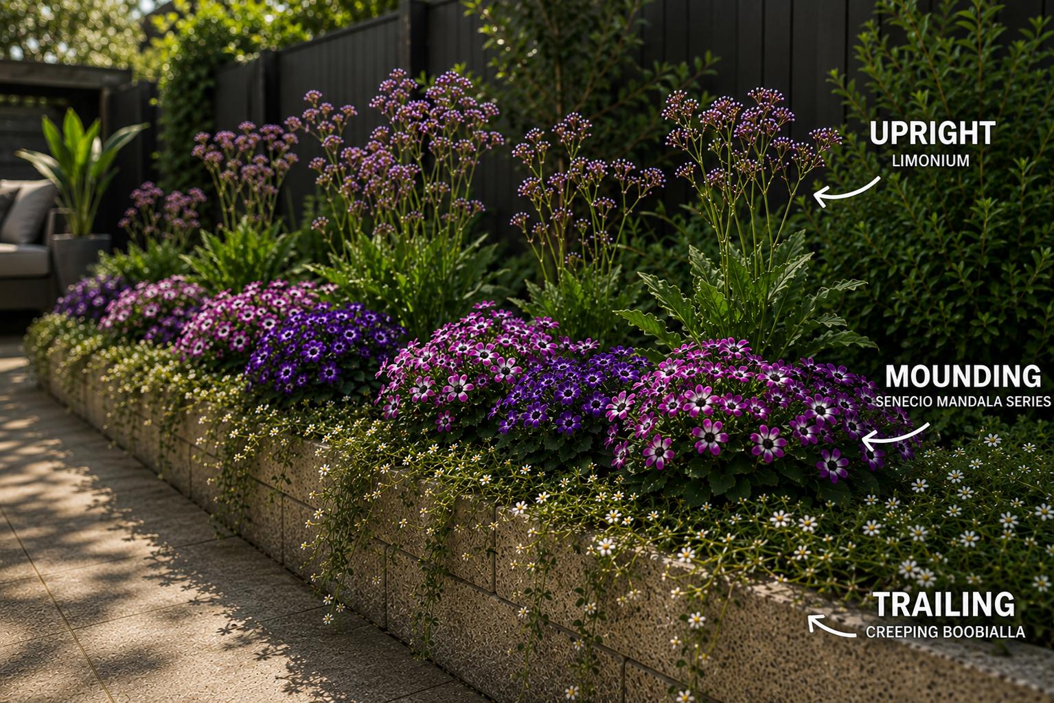 Concept illustration showing upright, mounding and trailing planting layers in a garden bed
